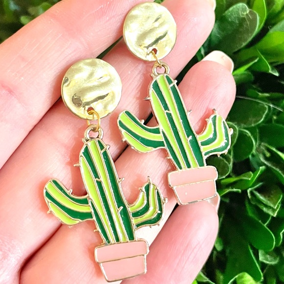 Gold Cactus Dangle Earrings - Picture 3 of 4